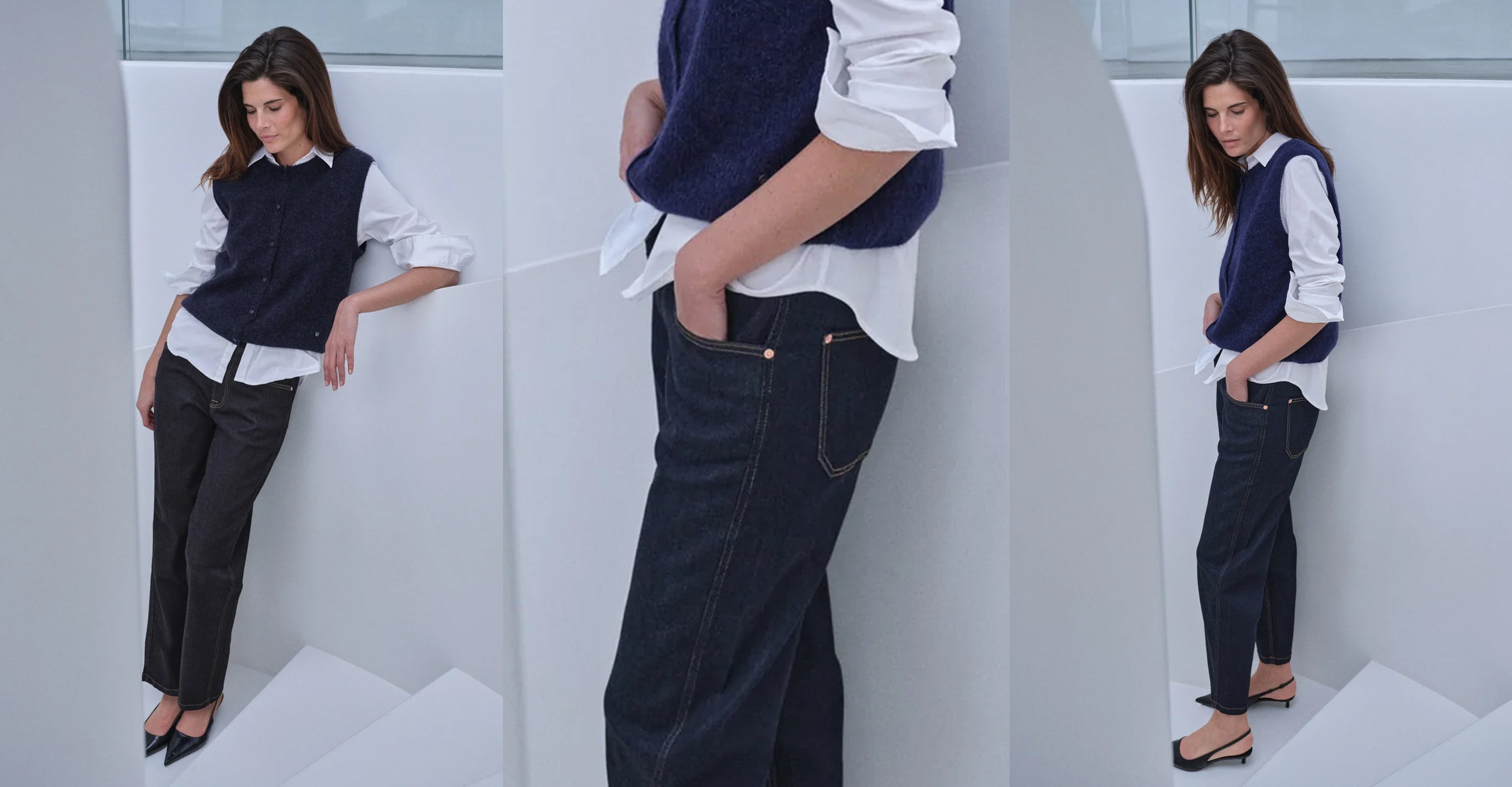 A three-panel fashion photo showing a model wearing dark navy wide-leg denim jeans with a white button-down shirt and a navy vest, posed on white architectural steps.
