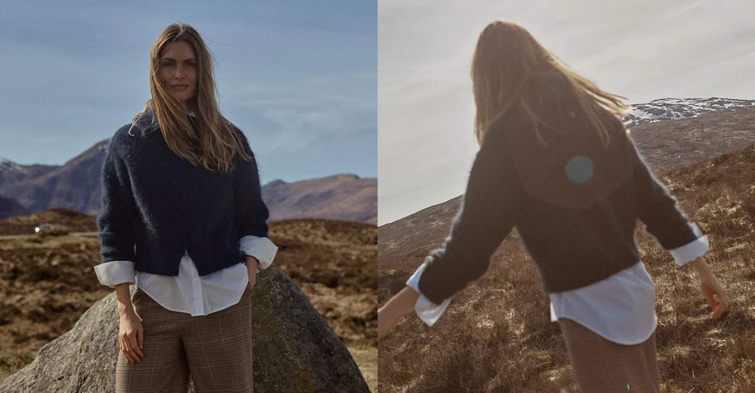 A split-screen outdoor lifestyle image showing a woman wearing a dark navy knit sweater over a white collared shirt and brown trousers, posed against a mountainous landscape.