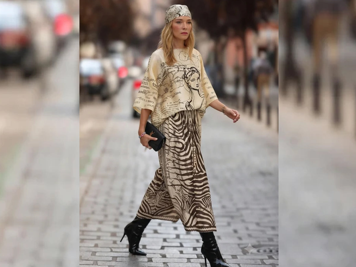 A woman walking on a city street wearing a beige and black graphic print top, a matching zebra-print skirt, a patterned headband, and black ankle boots.